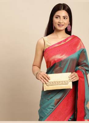 Turquoise Woven Faux Banarasi Silk Saree With Blouse Piece 3