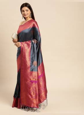 Grey Woven Faux Banarasi Silk Saree With Blouse Piece 1