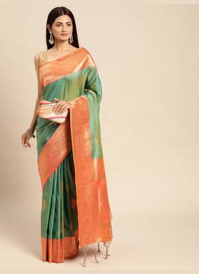 Green Woven Faux Banarasi Silk Saree With Blouse Piece 1
