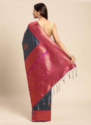 Grey Woven Faux Banarasi Silk Saree With Blouse Piece 2