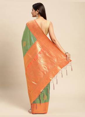 Green Woven Faux Banarasi Silk Saree With Blouse Piece 2