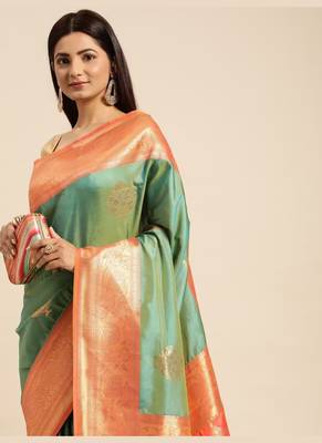 Green Woven Faux Banarasi Silk Saree With Blouse Piece 3