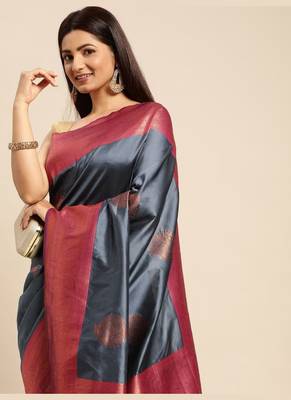 Grey Woven Faux Banarasi Silk Saree With Blouse Piece 3