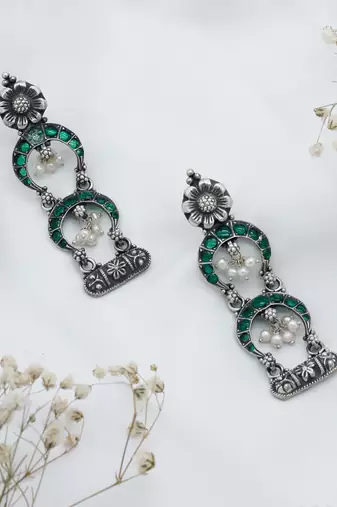 Crescent moon emerald silver earrings