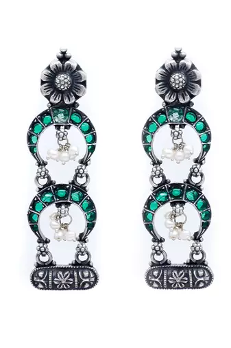Crescent moon emerald silver earrings