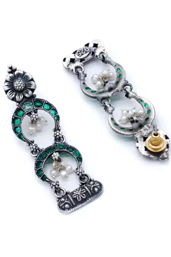 Crescent moon emerald silver earrings