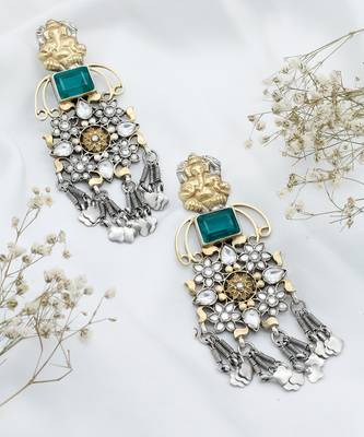 Lord ganesha emerald embellished silver earrings 2