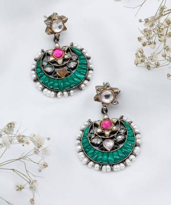 Crescent moon emerald silver hanging earrings 1