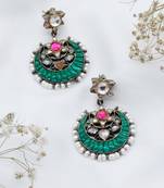 Crescent moon emerald silver hanging earrings