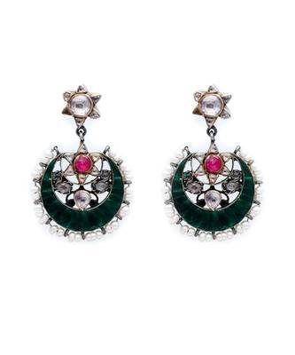 Crescent moon emerald silver hanging earrings 2