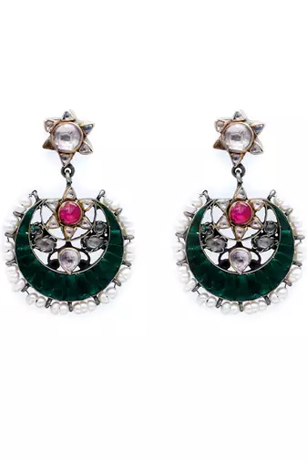 Crescent moon emerald silver hanging earrings