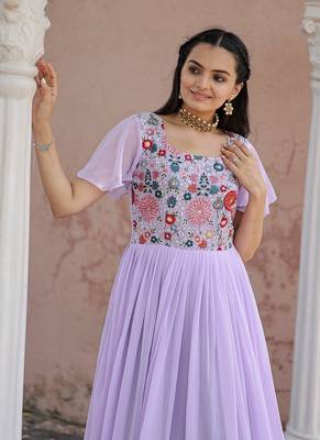 Lavender Georgette With Sequins Multithreaded Embroidered gown 4
