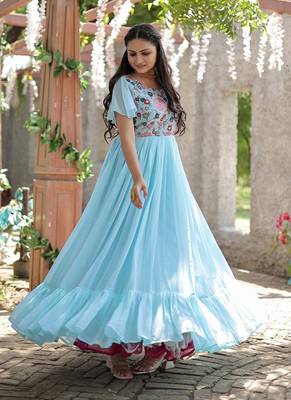 Sky blue Georgette With Sequins Multithreaded Embroidered gown 1