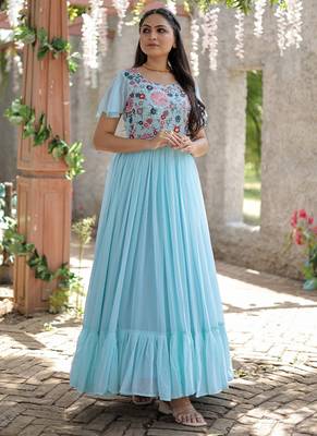 Sky blue Georgette With Sequins Multithreaded Embroidered gown 2