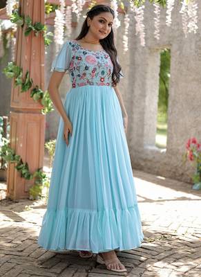 Sky blue Georgette With Sequins Multithreaded Embroidered gown 3