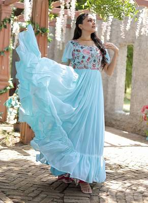 Sky blue Georgette With Sequins Multithreaded Embroidered gown 4