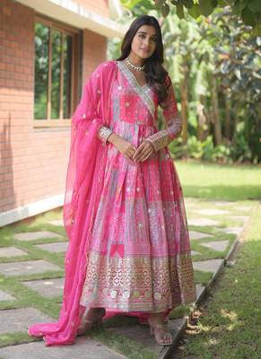Pink Russian Silk Rich Digital Print With Embroidery Gown With Dupatta 1