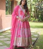 Pink Russian Silk Rich Digital Print With Embroidery Gown With Dupatta