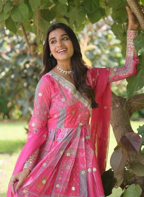 Pink Russian Silk Rich Digital Print With Embroidery Gown With Dupatta 4