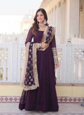 Wine Faux Blooming with Sequins Embroidered Gown With Dupatta 1