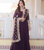 Wine Faux Blooming with Sequins Embroidered Gown With Dupatta