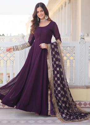 Wine Faux Blooming with Sequins Embroidered Gown With Dupatta 2
