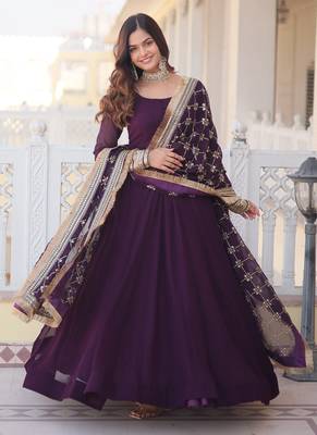 Wine Faux Blooming with Sequins Embroidered Gown With Dupatta 3