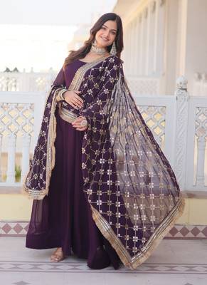 Wine Faux Blooming with Sequins Embroidered Gown With Dupatta 4