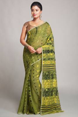 Women'S Cotton Silk Dhakai Soft Deep Green Jamdani Sarees Without Blouse 1