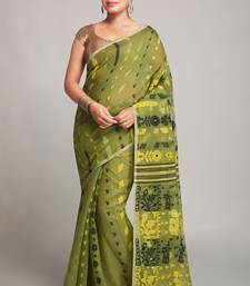Women'S Cotton Silk Dhakai Soft Deep Green Jamdani Sarees Without Blouse