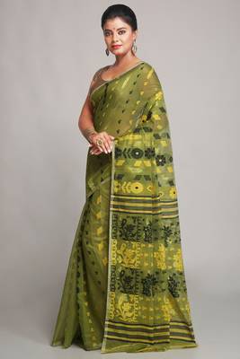Women'S Cotton Silk Dhakai Soft Deep Green Jamdani Sarees Without Blouse 2