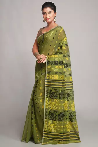 Women'S Cotton Silk Dhakai Soft Deep Green Jamdani Sarees Without Blouse