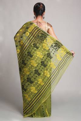 Women'S Cotton Silk Dhakai Soft Deep Green Jamdani Sarees Without Blouse 3