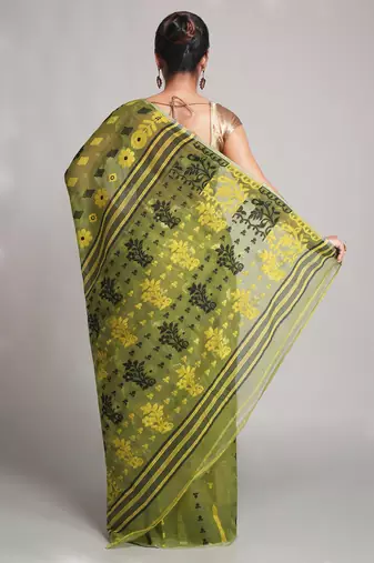 Women'S Cotton Silk Dhakai Soft Deep Green Jamdani Sarees Without Blouse