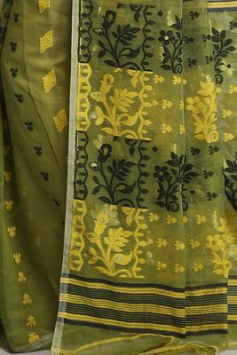 Women'S Cotton Silk Dhakai Soft Deep Green Jamdani Sarees Without Blouse 4