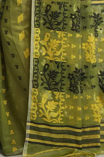 Women'S Cotton Silk Dhakai Soft Deep Green Jamdani Sarees Without Blouse