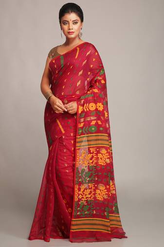 Women'S Cotton Silk Dhakai Soft Pink Yellow Jamdani Sarees Without Blouse