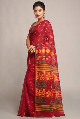 Women'S Cotton Silk Dhakai Soft Pink Yellow Jamdani Sarees Without Blouse 2