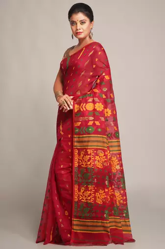 Women'S Cotton Silk Dhakai Soft Pink Yellow Jamdani Sarees Without Blouse