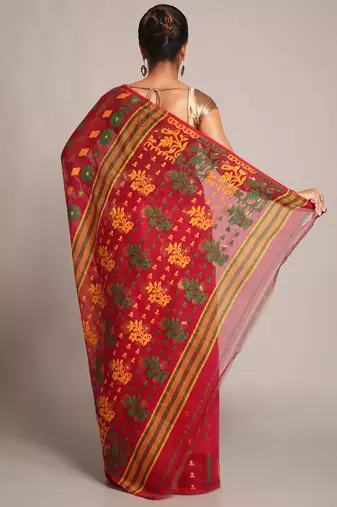 Women'S Cotton Silk Dhakai Soft Pink Yellow Jamdani Sarees Without Blouse