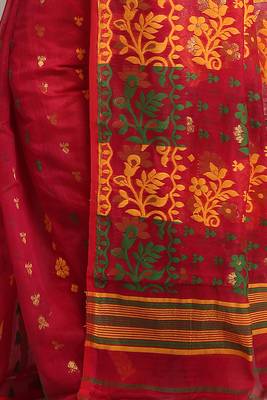 Women'S Cotton Silk Dhakai Soft Pink Yellow Jamdani Sarees Without Blouse 4