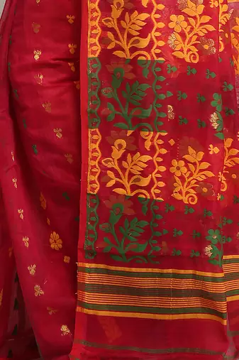 Women'S Cotton Silk Dhakai Soft Pink Yellow Jamdani Sarees Without Blouse
