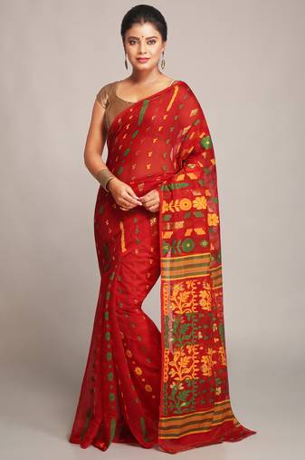 Women'S Cotton Silk Dhakai Softs Red Jamdani Saree Without Blouse