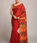 Women'S Cotton Silk Dhakai Softs Red Jamdani Saree Without Blouse