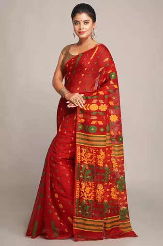 Women'S Cotton Silk Dhakai Softs Red Jamdani Saree Without Blouse