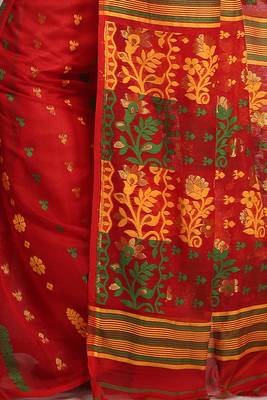 Women'S Cotton Silk Dhakai Softs Red Jamdani Saree Without Blouse 3