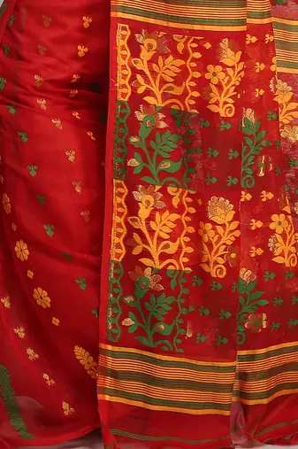 Women'S Cotton Silk Dhakai Softs Red Jamdani Saree Without Blouse