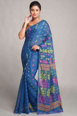 Women'S Cotton Silk Dhakai Soft Sky Pink Jamdani Saree Without Blouse 1