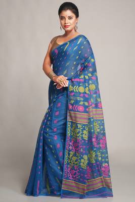 Women'S Cotton Silk Dhakai Soft Sky Pink Jamdani Saree Without Blouse 2
