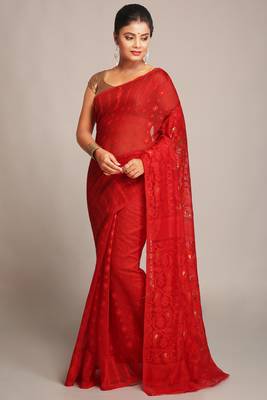 Bengal Handloom Cotton Silk Red Jamdani Saree Without Blouse 1
